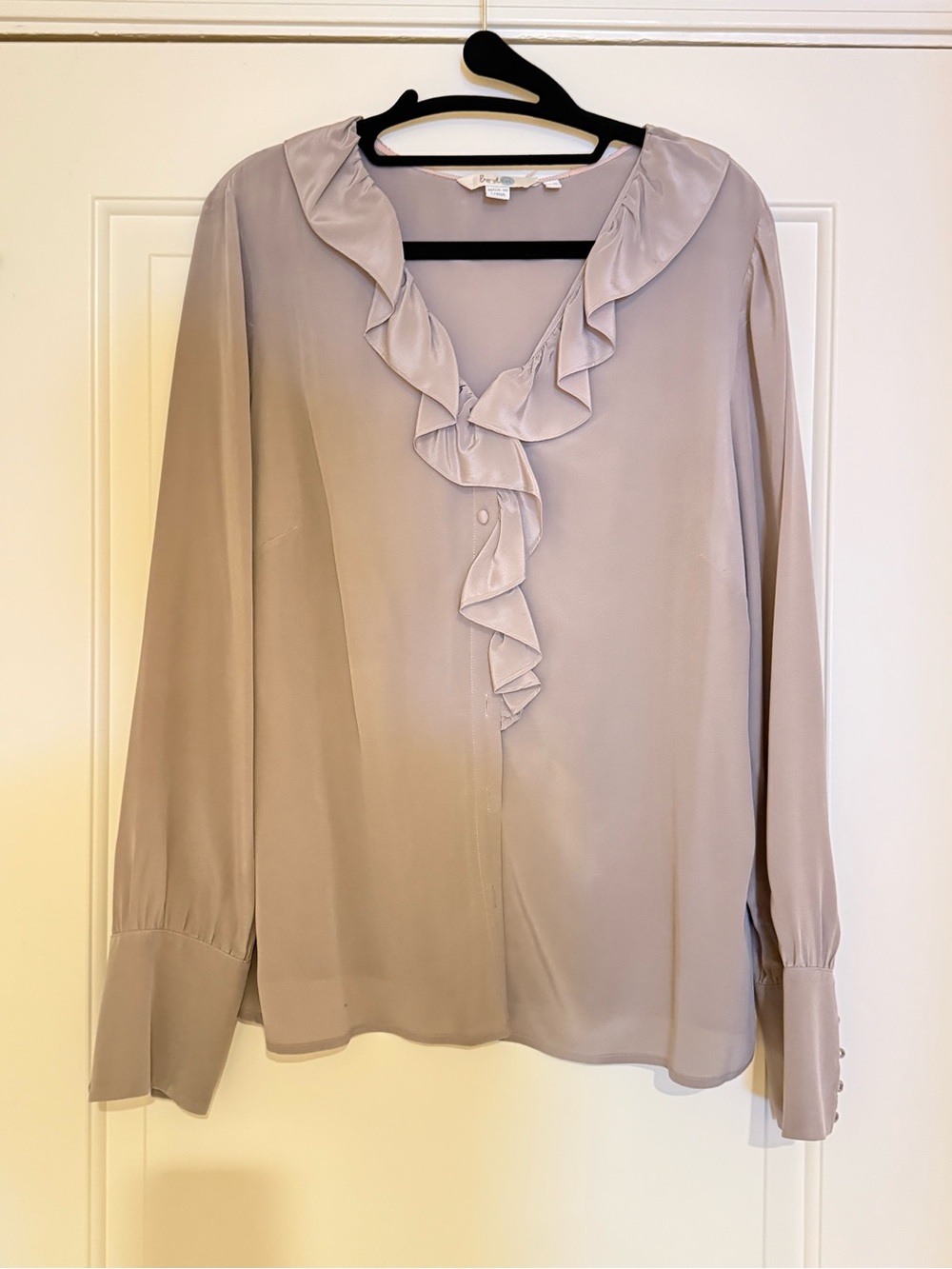Boden Soft Taupe Ruffle-Front Blouse